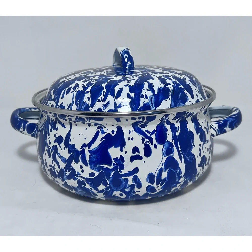 Golden Rabbit Enamel Casserole Pot Cobalt Blue Swirl Large Cottagecore Farmhouse